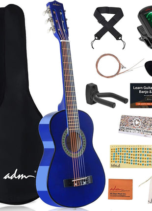 ADM Beginner Acoustic Classical Guitar 30 Inch Nylon Strings Wooden Guitar Bundle Kit for Kid Boy Girl Student Youth Guitarra Online Lessons with Gig Bag, Strap, Tuner, Extra Strings, Picks,Blue