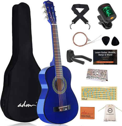 ADM Beginner Acoustic Classical Guitar 30 Inch Nylon Strings Wooden Guitar Bundle Kit for Kid Boy Girl Student Youth Guitarra Online Lessons with Gig Bag, Strap, Tuner, Extra Strings, Picks,Blue