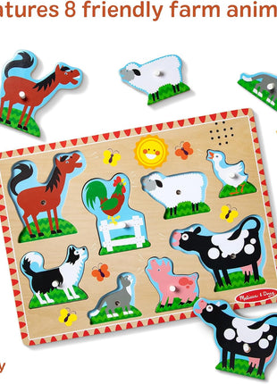 Melissa & Doug Farm Animals Sound Puzzle – 8-Piece Wooden Peg Puzzle with Light-Activated Sounds, Music Learning Toy for Toddlers and Preschoolers Ages 2+