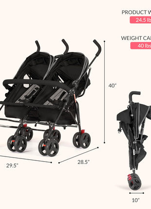 Dream On Me Volgo Twin Umbrella Stroller in Black, Lightweight Double Stroller for Infant & Toddler, Compact Easy Fold, Large Storage Basket, Large and Adjustable Canopy