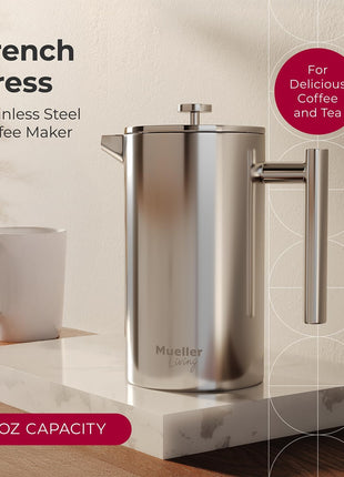 MuellerLiving French Press Coffee Maker 34oz, Stainless Steel French Press Coffee, 4 Filter Heat Resistant Double Insulated, Rust Free, Food Grade, Dishwasher Safe Coffee Pot
