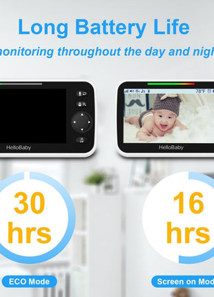 HelloBaby No WiFi Baby Monitor 5" Screen 30-Hour Battery Pan-Tilt-Zoom Video Upgrade with Camera and Audio, Night Vision, VOX, 2-Way Talk, 8 Lullabies and 1000ft Range, HB6550