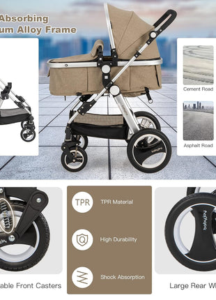BABY JOY Baby Stroller, 2-in-1 Convertible Bassinet Reclining Stroller, Foldable Pram Carriage with 5-Point Harness, Including Cup Holder, Foot Cover, Diaper Bag, Aluminum Structure, Khaki