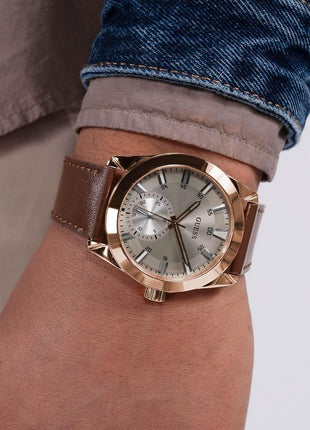 GUESS Grayson Analog Watch for Man with Grey Round Dial & Brown Leather Strap Band Water Resistant Men's Wrist Watches - GW0793G3