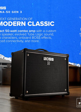 BOSS Katana 50 Gen 3 Guitar Amplifier | Compact 50 Watt Combo Amp | Custom 12 Inch Speaker | Evolved Tube Logic Sound | 12 Amp Characters | Onboard BOSS Effects | Advanced Connectivity & More