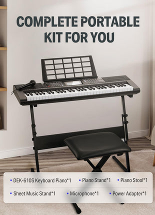 Donner 61 Key Keyboard Piano, Electric Piano Keyboard Kit with 249 Voices, 249 Rhythms   Includes Piano Stand, Stool, Microphone, Gift for Beginners, Black (DEK 610S)