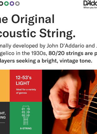 D'Addario EJ11 80/20 Bronze Acoustic Guitar Strings, Light 12-53 | Bright, projecting 80/20 bronze acoustic guitar strings deliver crisp tone, reliable performance, and comfortable playability