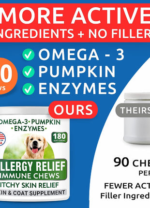 Allergy Relief + Omega 3 Bundle - Anti-Itch Skin + Skin & Coat Support - Omega 3 Fish Oil + EPA & DHA Fatty Acids - Itching & Paw Licking + Joint Health - 180 Chews + 180 ct Softgels - Made in USA