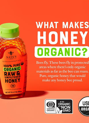 Nate's Organic 100% Pure, Raw & Unfiltered Honey - USDA Certified Organic - 32oz. Squeeze Bottle