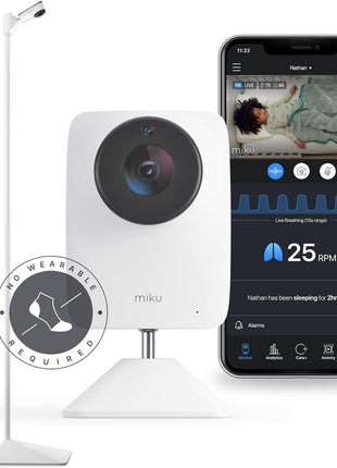 Miku Pro Smart Baby Monitor with Camera, Track Live Breathing with No Wearable, Real-Time Alerts, Sleep Analytics, 1080p Wi-Fi Video, Night Vision, and 2-Way Audio, Wall Mount & Floor Stand Included