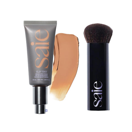 Saie Glow & Blend Duo - Slip Tint Tinted Moisturizer SPF 35 Shade Four + Half (1.35 oz), The Big Liquid Foundation Brush (1 Count), Hydrating Glow & Seamless Blending