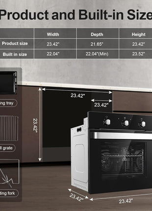 Wall Ovens 24 inch Electric,Built-in Single Wall Ovens, Convection Wall Oven with Rotisserie, 8 Cooking Functions,2900W,240V,2.15Cu.f Mechanical Knobs Control, Black Tempered Glass Finish