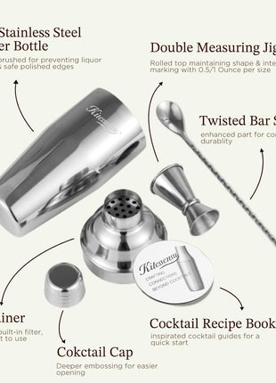 Cocktail Shaker, KITESSENSU 24oz Drink Shaker with Bartender Strainer, Measuring Jigger, Bar Mixing Spoon, Cocktail Recipe Guide, Professional Drink Mixer Set for Beginners, Silver