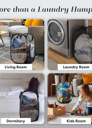 Handy Laundry Collapsible Mesh Pop Up Hamper with Wide Opening and Side Pocket   Breathable, Sturdy, Foldable, and Space Saving Design for Clothes and Storage (Black)