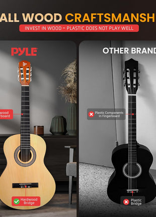 Pyle Beginner Acoustic Guitar Kit, 3/4 Junior Size All Wood Instrument with Full Accessory Kit, Picks, Shoulder Strap, Carry Case, Cleaning Cloth, Tuner App, 2 Month Lessons, 36"