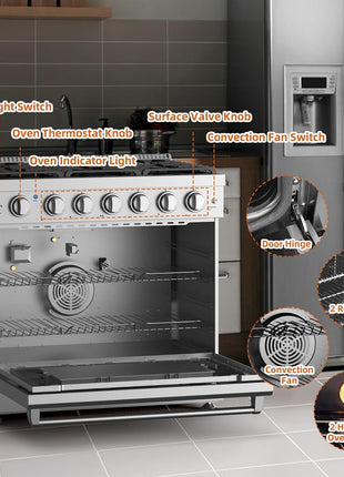 36 Inch Freestanding Dual Fuel Range Oven Stove, 6.0 Cu. Ft True Convection and Self Clean, Cooktop 6 Sealed Gas Burners, Stainless Steel