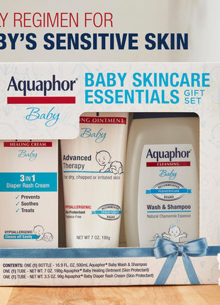 Aquaphor Baby Skin Care Essentials Gift Set, 3 Item Variety Pack | Baby Wash and Shampoo (16.9 FL OZ), Healing Ointment for Chapped Skin and Drool Rash (7 OZ), Diaper Rash Cream (3.5 OZ)