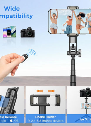 Selfie Stick Travel Tripod for Cell Phone with Remote Control and Phone Holder, Extendable Selfie Stick for iPhone, iPhone Tripod for Video Recording, 50 Inch, Black