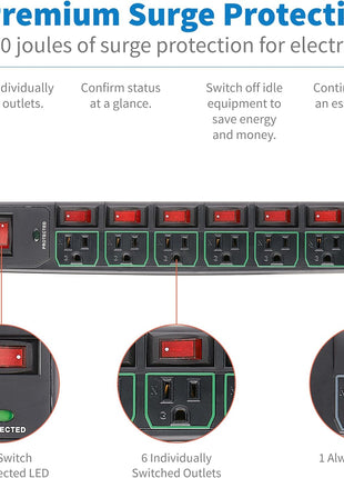 Tripp Lite 7 Outlet (6 Individually Controlled) Surge Protector Power Strip, 6ft Cord, Black, Lifetime Limited Warranty & 25K Insurance (TLP76MSGB)