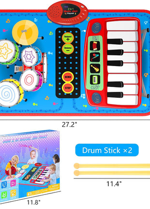 2-in-1 Musical Mat Toys for 1 2 3 4 5 Year Old, Piano Keyboard & Drum Set with 2 Drum Sticks, Early Educational Musical Learning Toys Birthday for 1 2 3 4 5 Year Old Boys & Girls, Blue