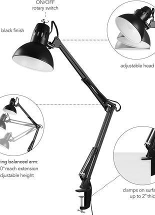 Globe Electric 56963 31.5 inch Multi-Joint Desk Lamp with Metal Clamp, Black, On/Off Rotary Switch on Shade, Partially Adjustable Swing Arm, Home Essentials, Reading Light, Office Décor