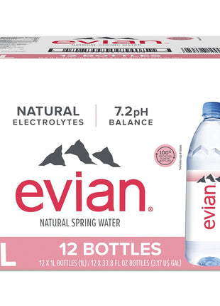 Evian Natural Spring Water, 1 L bottle, 12 pack
