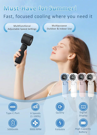 4 in 1 Portable Handheld Turbo Fan, 9000RPM High Speed Mini, 180? Foldable, 1 100 Speeds, Up to 15H Use, 5000mAh Battery, Powerful Personal Cooling, Hand Held Fan for Travel, Indoor & Outdoor