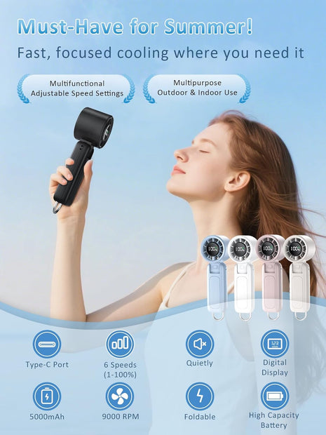 4 in 1 Portable Handheld Turbo Fan, 9000RPM High Speed Mini, 180? Foldable, 1 100 Speeds, Up to 15H Use, 5000mAh Battery, Powerful Personal Cooling, Hand Held Fan for Travel, Indoor & Outdoor