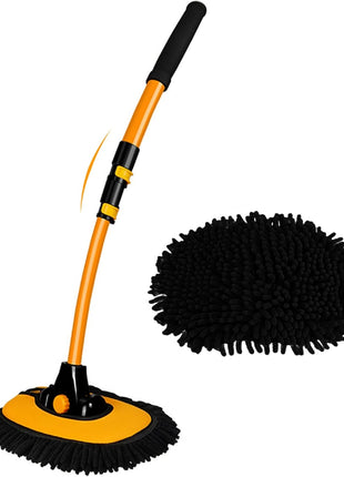 15° Curved Car Cleaning Brush with Telescopic Handle 43 inch Aluminum Alloy Long Rod Wash Mop For Washing Caravan Van Truck Boat RV Roof Soft Chenille Head Duster Clean Product Not Hurt Paint Scratch Free