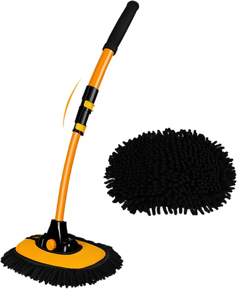 15° Curved Car Cleaning Brush with Telescopic Handle 43 inch Aluminum Alloy Long Rod Wash Mop For Washing Caravan Van Truck Boat RV Roof Soft Chenille Head Duster Clean Product Not Hurt Paint Scratch Free