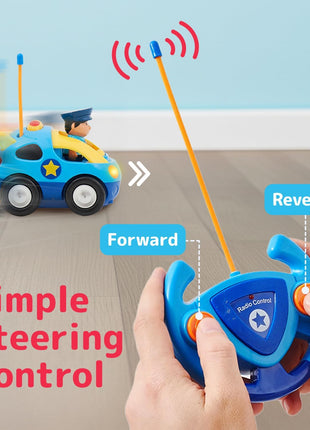 PREXTEX 2 Pack Cartoon Remote Control Cars for Toddlers - Police Car and Race Car with Steering Wheel Controllers and Lights - Different Frequencies Racing Together - Easter Toddler Gift 18+ Months.