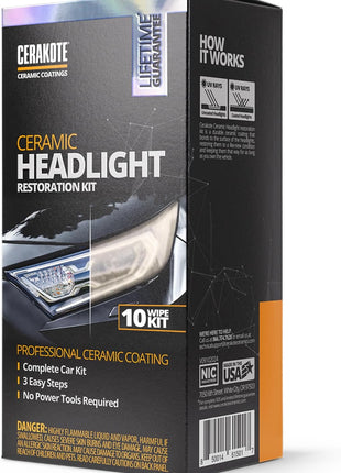 CERAKOTE® Ceramic Headlight Restoration Kit – Guaranteed To Last As Long As You Own Your Vehicle – Brings Headlights Back to Like New Condition - No Power Tools Required - 10 Wipe Kit