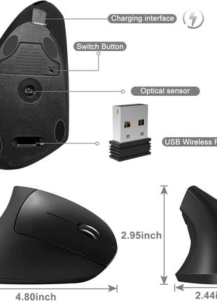 Vassink Ergonomic Mouse, Rechargeable Wireless Mouse, 2.4GHz Rechargeable Wireless Vertical Optical Mice with USB Receiver, 6 Buttons for Laptop, PC, Computer Black