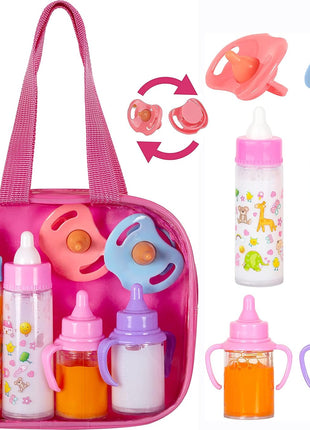 fash n kolor® My Sweet Baby Disappearing Doll Feeding Set, Baby Care 6 Piece Doll Feeding Set - for Toy Stroller | 2 Milk & Juice Bottles with 2 Toy Pacifier for Baby Dolls Set - Kids Gift Set