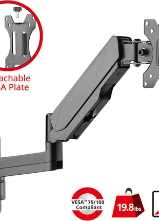 SIIG Aluminum Single Arm Gas Spring Monitor Wall Mount - Heavy Duty Hold 17 inch to 32 inch Screens, Up to 19.8 lbs, VESA 75x75 or 100x100 (CE-MT2L12-S1)