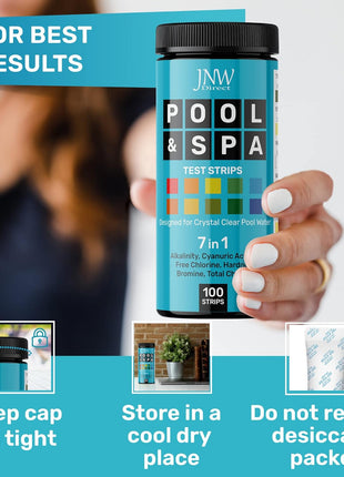 JNW 7-in-1 Pool Test Strips, 100 Quick & Accurate Test Strips for Pool Water, Spa Test Strips for Hot Tub, Chlorine Test Strips, Bromine, pH, Alkalinity, Hardness & More - Swimming Pool Test Kit