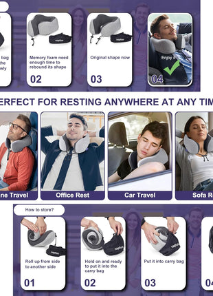 napfun Neck Pillow for Traveling, Upgraded Travel Neck Pillow for Airplane 100% Pure Memory Foam Travel Pillow for Flight Headrest Sleep, Portable Plane Accessories, Light Grey