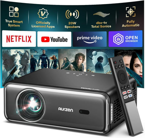 Aurzen EAZZE D1 Pro Smart Projector with WiFi and Bluetooth, NetfIix Official, 20W Speakers, DoIby Audio & dbx-tv Total Sonics, Auto Focus & Keystone, Native 1080P Portable Outdoor Movie Projector