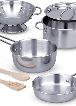 Melissa & Doug Stainless Steel Pots & Pans, 8 Piece Play Kitchen Set, Premium Play Kitchen Accessories & Cooking Utensils, Preschool Toys for Kids 3+