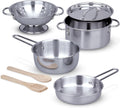 Melissa & Doug Stainless Steel Pots & Pans, 8 Piece Play Kitchen Set, Premium Play Kitchen Accessories & Cooking Utensils, Preschool Toys for Kids 3+