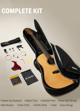 Donner 41 Acoustic Guitar Bundle for Beginners Adults with Online Lesson, 4/4 Full Size Steel Acustica Guitarra with Gig Bag, Tuner, Strap, Strings, Picks, Capos, Cutaway, Natural, DAG 1C/DAD 110C