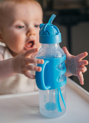 Dr. Brown's Milestones Narrow Sippy Straw Bottle, Spill-Proof with 100% Silicone Handles and Weighted Straw, 8 oz/250 mL, Blue/Gray, 6m+