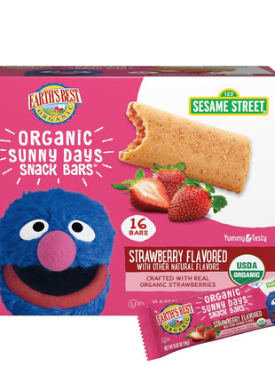 Earth's Best Organic Kids Snacks, Sesame Street Toddler Snacks, Organic Sunny Days Snack Bars for Toddlers 2 Years and Older, Strawberry with Other Natural Flavors, 16 Bars Per Box