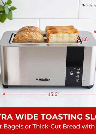 Mueller UltraToast Stainless Steel Toaster 4 Slice – Extra-Wide 1.6" Slots | For Artisan Bread, Bagels & Frozen Waffles, 6 Browning Levels, LED Display, Cancel/Defrost/Reheat, Removable Crumb Tray