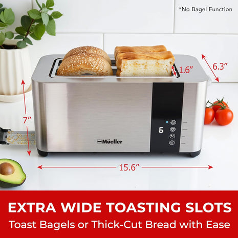 Mueller UltraToast Stainless Steel Toaster 4 Slice – Extra-Wide 1.6" Slots | For Artisan Bread, Bagels & Frozen Waffles, 6 Browning Levels, LED Display, Cancel/Defrost/Reheat, Removable Crumb Tray