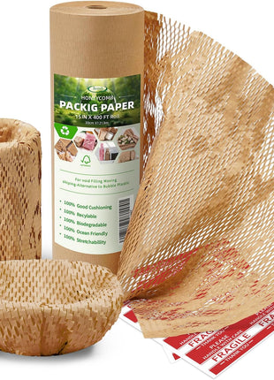 Honeycomb Packing Paper,12 inch W x 200' L Bubble Cushioning Wrap for Moving,Products & Gifts Wrapping Paper,Recyclable and Biodegradable Cushioning Packing Material with 20 Fragile Sticker Labels