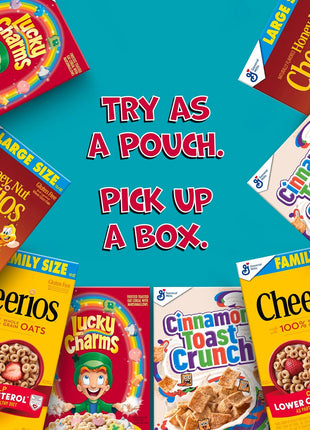 General Mills Cereal Variety Pack, Lucky Charms, Cinnamon Toast Crunch, Cheerios, and Honey Nut Cheerios, 8 Single Serve Pouches, 9.14 oz