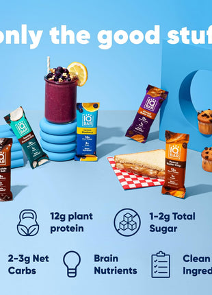 IQBAR Brain and Body Plant Protein Bars - 7 Bar Sampler Pack - Gluten Free, High Fiber, Vegan Snacks - Low Sugar Meal Replacement