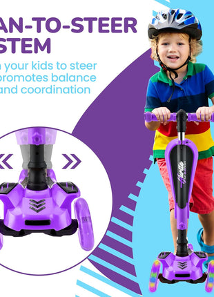 Hurtle 3-Wheeled Scooter for Kids - Wheel LED Lights, Adjustable Lean-to-Steer Handlebar, and Foldable Seat - Sit or Stand Ride with Brake for Boys and Girls Ages 1-14 Years Old