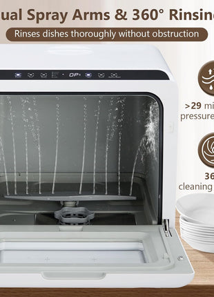 Portable Countertop Dishwasher, Compact Mini Dishwashers with 5 L Built-in Water Tank, 5 Washing Programs, Air-Drying Function, 360° Dual Spray & High-Temp, for Home, RV, Apartment, Pure White